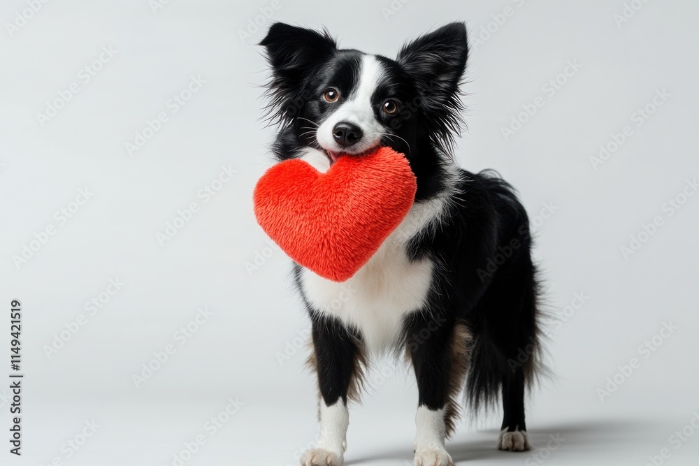 Dog holding red heart pillow in mouth against gray background. Dog holding red heart pillow in mouth against gray background.