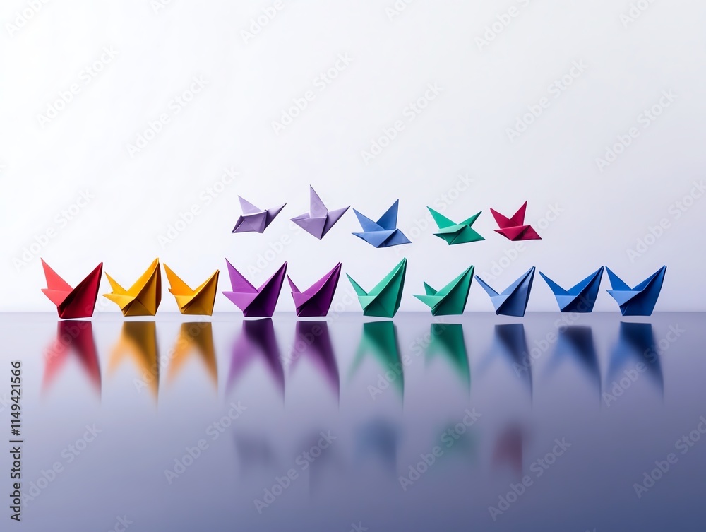 Obraz premium Group of colorful origami birds flying over a reflective surface, creativity, and freedom