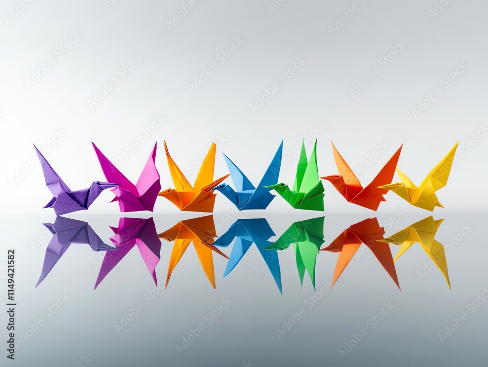 Fototapeta premium Group of colorful origami birds flying over a reflective surface, creativity, and freedom