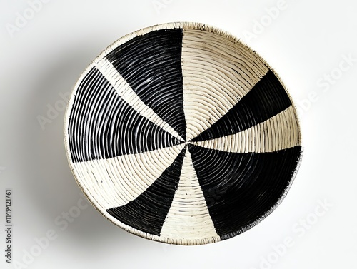 Handwoven basket with geometric patterns used as wall decor, natural accents photo