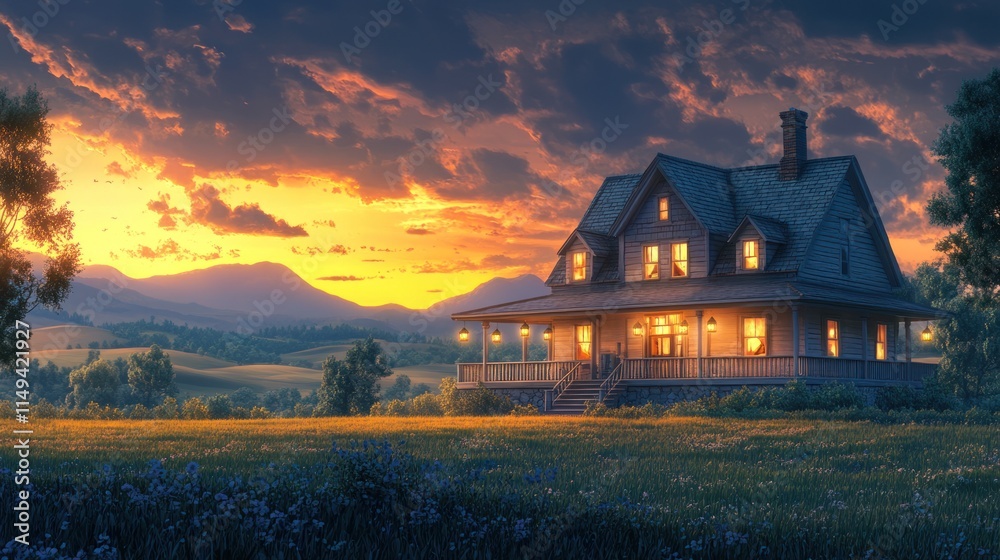 A big farmhouse with a wraparound porch, illuminated by soft lanterns in the early evening, set against a backdrop of rolling hills and distant mountains.