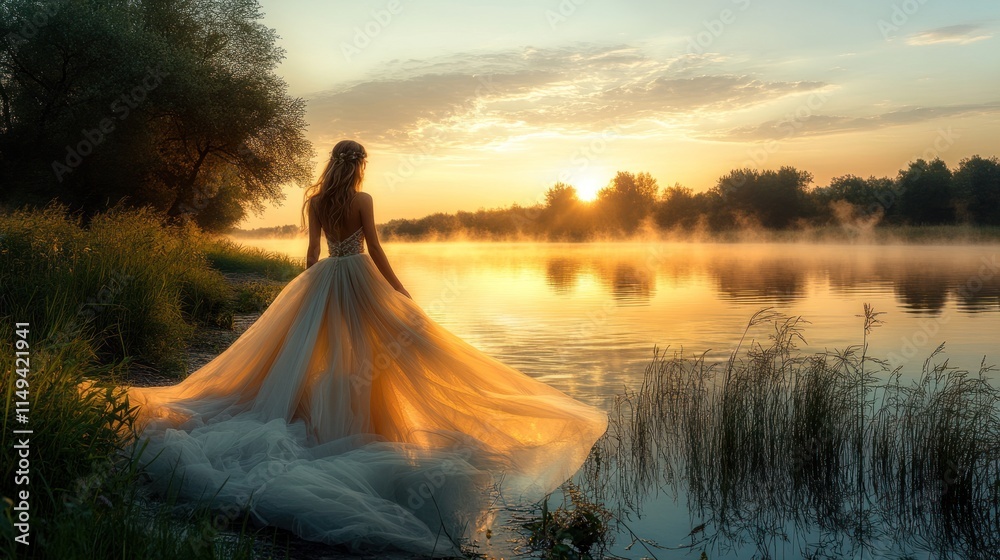 A beautiful girl in a flowing, airy dress, standing on the edge of a tranquil lake at sunrise, with her dress gently swaying in the morning breeze as mist rises from the water.