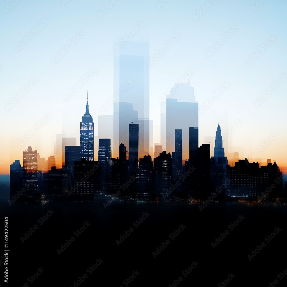 Multiple layers of a city skyline at dusk, urban complexity Multiple layers of a city skyline at dusk, urban complexity