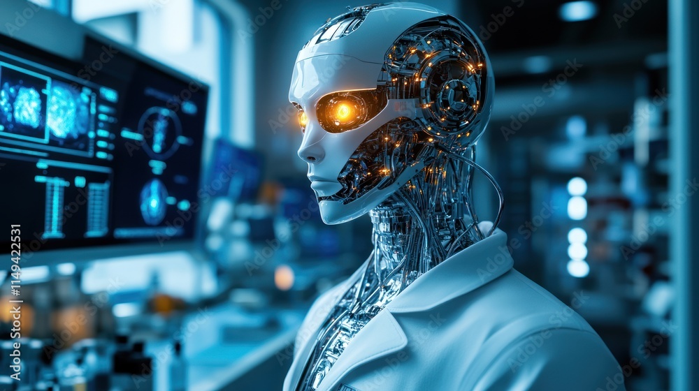 A close-up of a robot scientist with intricate details and glowing eyes, positioned in front of a modern laboratory with holographic displays and scientific equipment around. A close-up of a robot scientist with intricate details and glowing eyes, positioned in front of a modern laboratory with holographic displays and scientific equipment around.