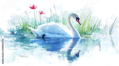 Fototapeta Naklejka Na Ścianę i Meble -  Elegant white swan gracefully swimming on calm water, reflected, surrounded by greenery and flowers.