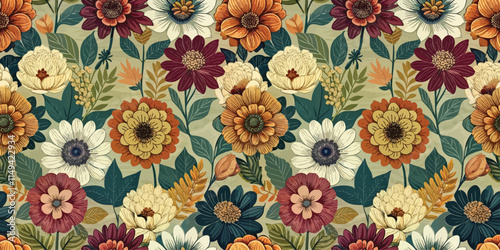 Colorful floral pattern featuring vibrant flowers, including zinnias and daisies, against a soft, muted background.