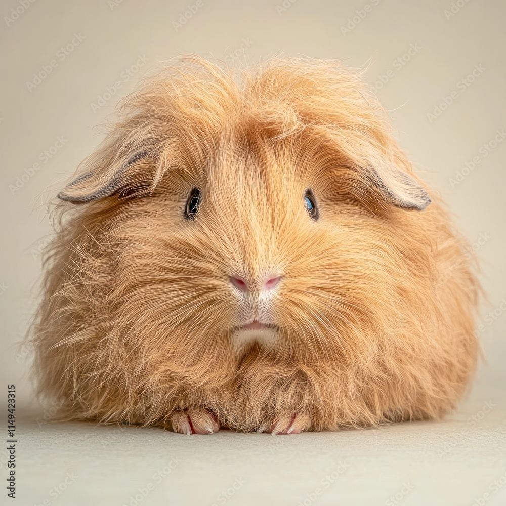 Fototapeta premium A fluffy orange guinea pig with a soft expression, sitting against a neutral background.