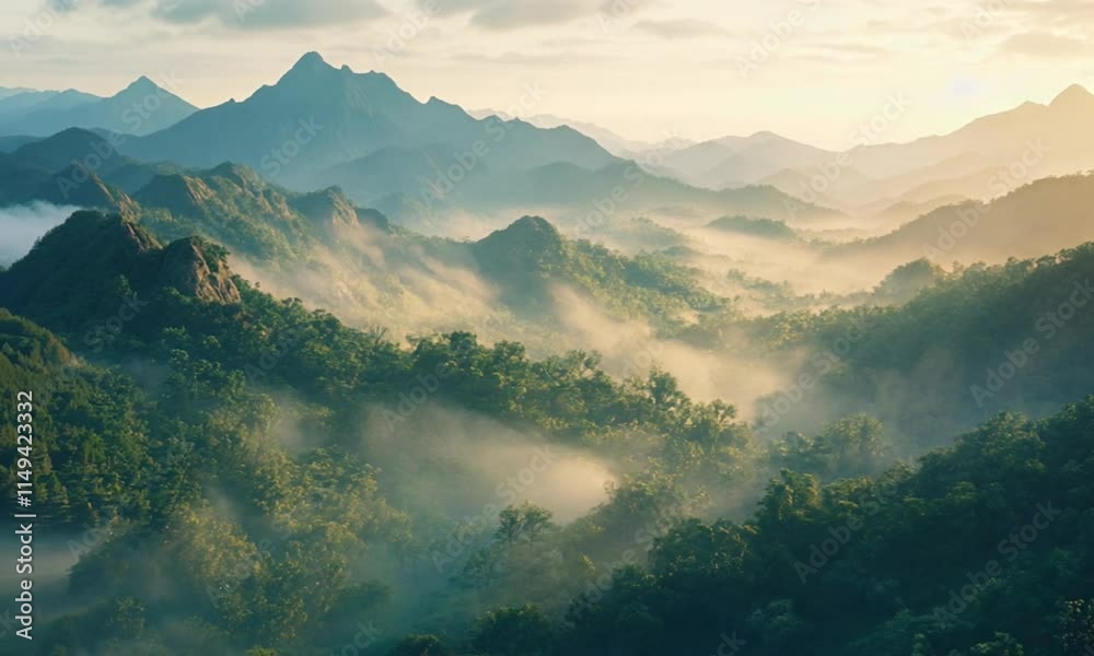 Serene Morning in Mountainous Forest with Misty Sunrise Atmosphere Spreading Calm and Peace Serene Morning in Mountainous Forest with Misty Sunrise Atmosphere Spreading Calm and Peace