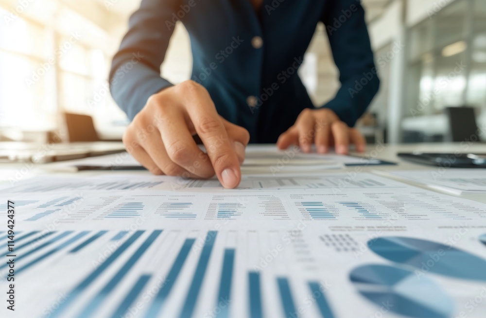 Business Professional Analyzing Financial Charts and Graphs at Desk Business Professional Analyzing Financial Charts and Graphs at Desk