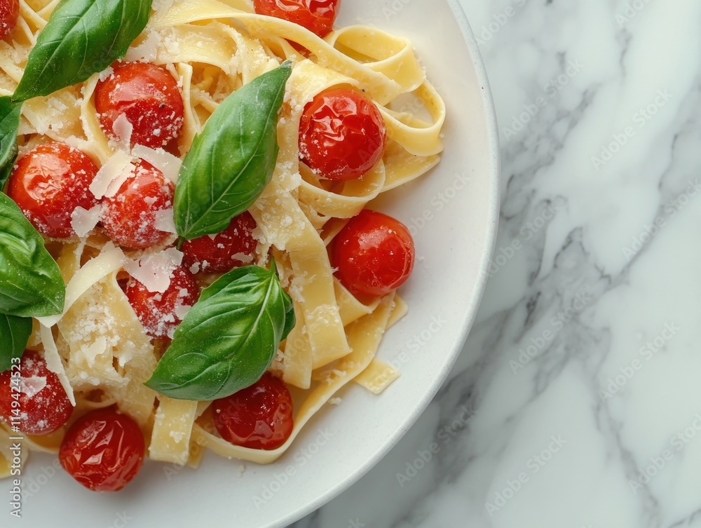 Pasta with cherry tomatoes, basil, parmesan on marble. Pasta with cherry tomatoes, basil, parmesan on marble.