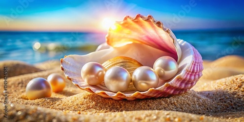 Ocean Treasures: Natural Pearls in Seashells on Sandy Beach