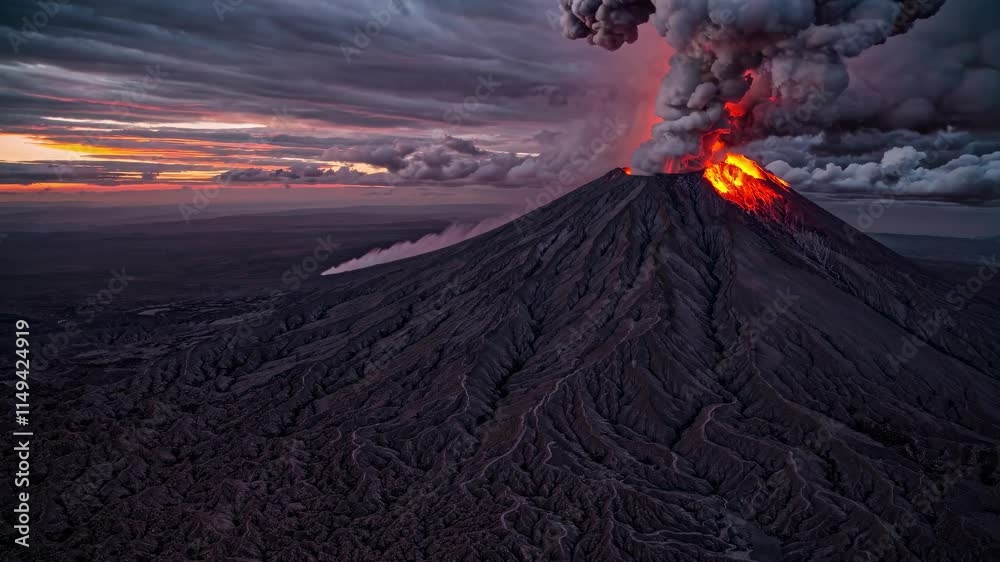 Volcanic Eruption with Lava Flow and Smoke Under a Moody Sky
