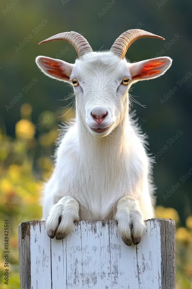 Obraz premium A goat with horns resting its front legs on a wooden fence in a natural setting.