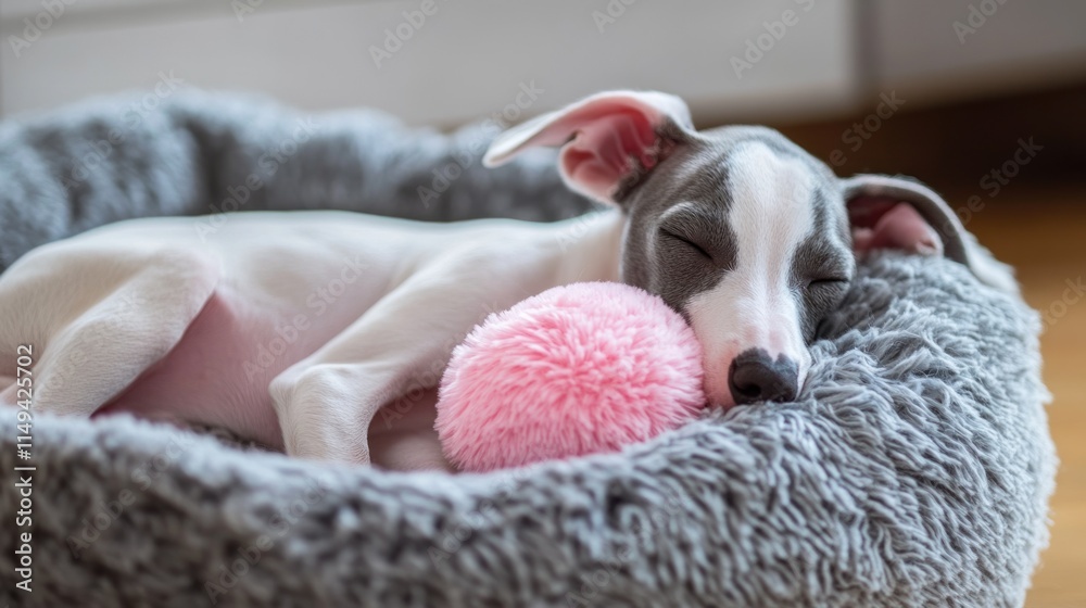 Sleeping puppy rests head on a pink toy. Sleeping puppy rests head on a pink toy.