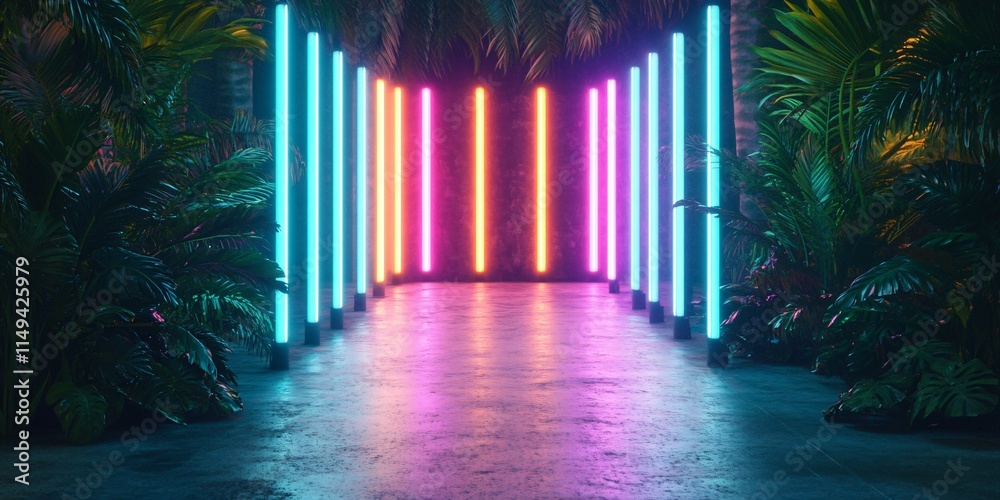 Fototapeta premium Vibrant Neon Lights Tropical Night Scene