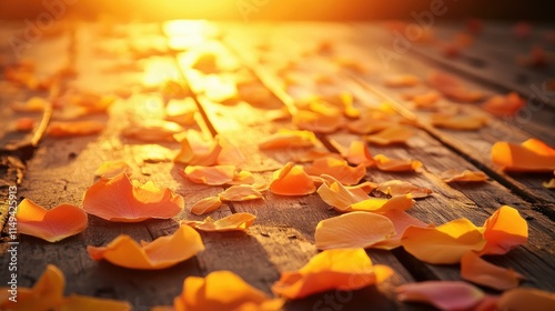 Yellow and orange rose petals lying scattered on a rustic wooden floor under the golden light of sunset. photo