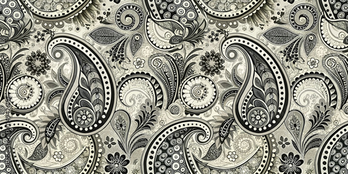 An intricate black and white paisley pattern showcasing elegant swirls and floral designs.
