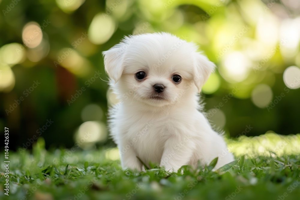 Fluffy white puppy sits on green grass with blurred background. Fluffy white puppy sits on green grass with blurred background.