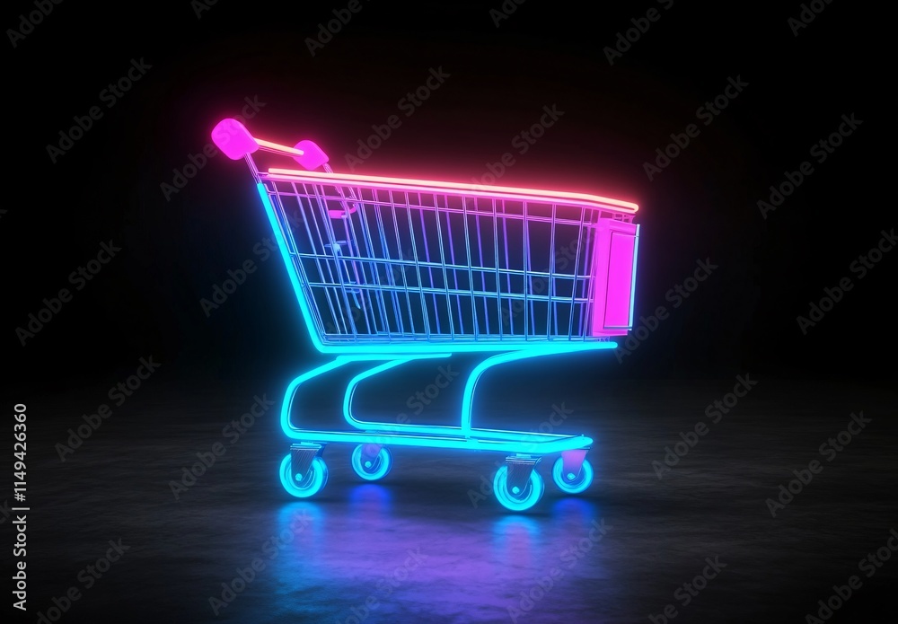 Neon Glowing Shopping Cart 3D Render Neon Glowing Shopping Cart 3D Render
