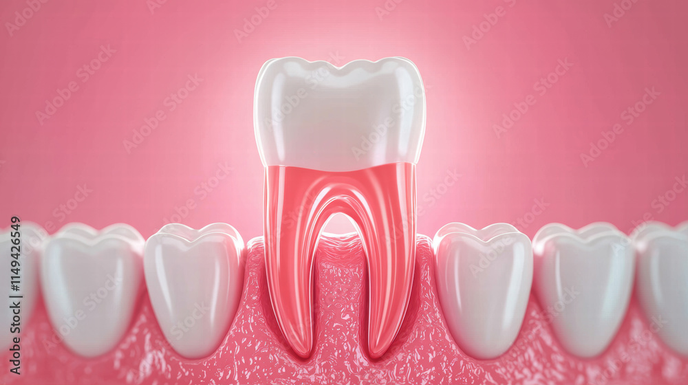 Obraz premium detailed illustration of healthy tooth surrounded by gums, showcasing dental anatomy and oral health. vibrant colors emphasize importance of dental care and hygiene