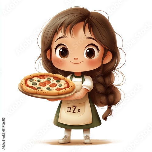 Adorable Girl Presents Delicious Pizza With Olives And Pepperoni photo