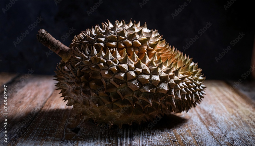 Obraz premium close-up of a rotting durian with browning spikes and soft mushy flesh under moody lighting on a wooden surface