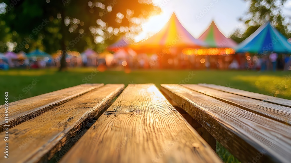 Wooden Table with Sunlight and Colorful Tents at Outdoor Festival in Beautiful Park Wooden Table with Sunlight and Colorful Tents at Outdoor Festival in Beautiful Park