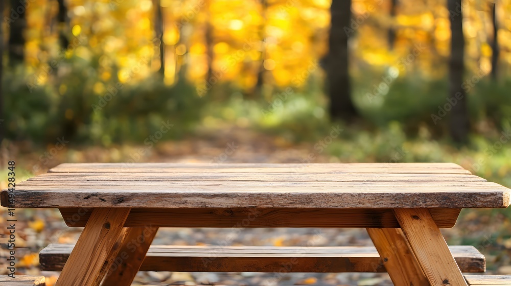 Rustic wooden picnic table in serene autumn forest with vibrant yellow leaves Rustic wooden picnic table in serene autumn forest with vibrant yellow leaves