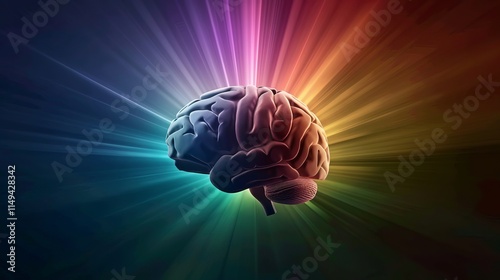 A stylized image of a human brain surrounded by vibrant rays of color, symbolizing creativity and intellect.