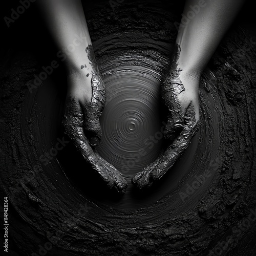 Closeup of hands molding clay on a pottery wheel, creativity in action photo