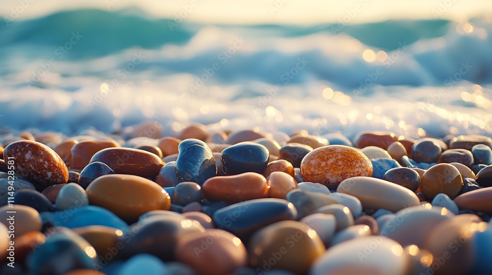 Fototapeta premium A close-up of colorful pebbles on a beach, their smooth, polished surfaces shining in the sunlight with soft waves in the background.