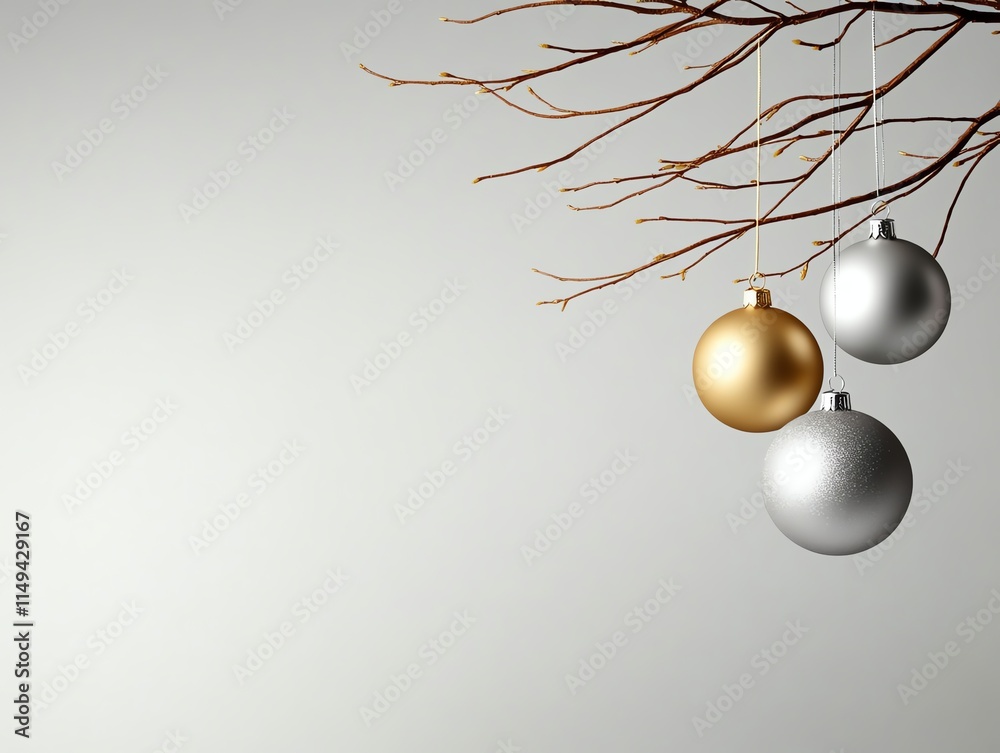 Gold and silver ornaments hanging on a minimalist tree branch, festive elegance Gold and silver ornaments hanging on a minimalist tree branch, festive elegance