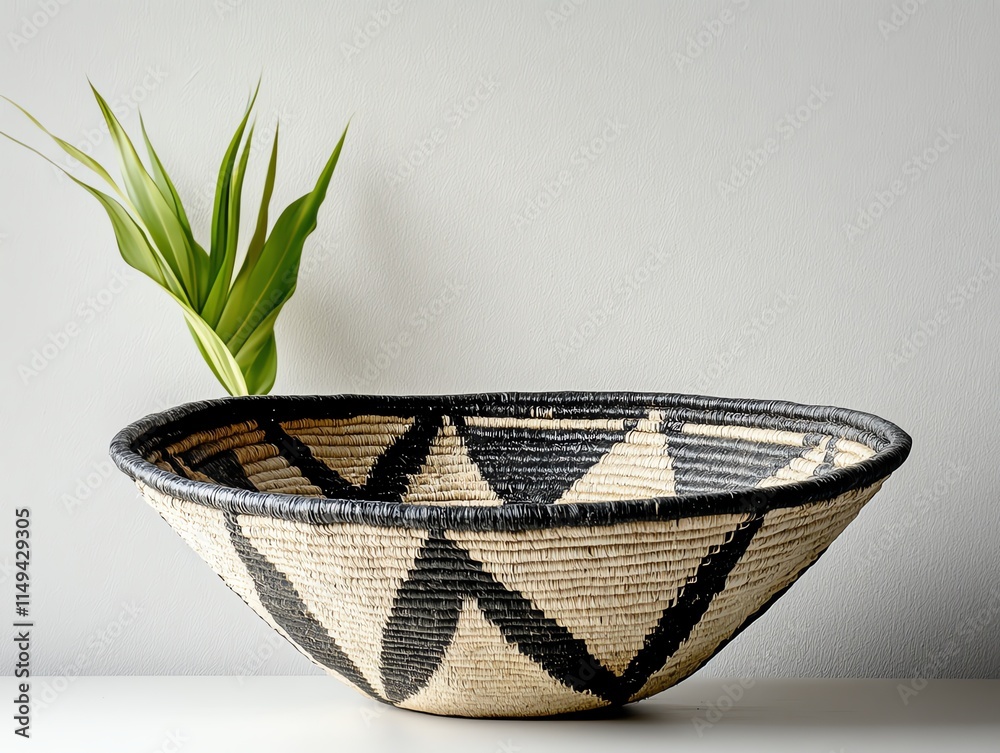 Fototapeta premium Handwoven basket with geometric patterns used as wall decor, natural accents