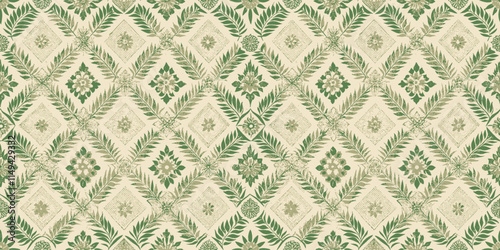 Intricate green floral pattern with diamond motifs and natural elements.