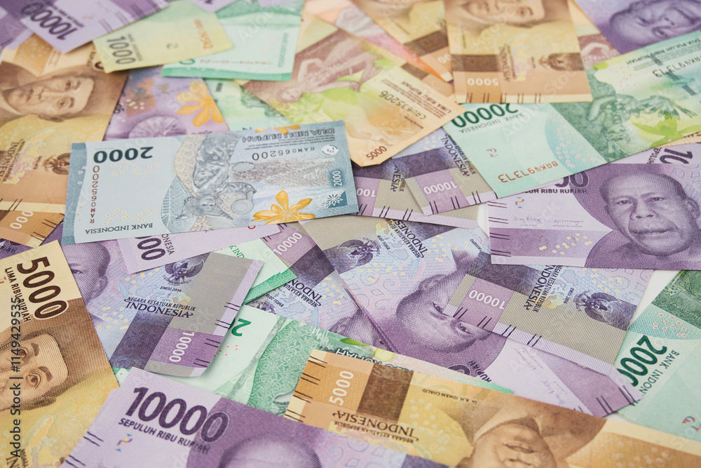 Various Colorful Indonesian Rupiah Banknotes Displayed in a Scattered Arrangement Various Colorful Indonesian Rupiah Banknotes Displayed in a Scattered Arrangement