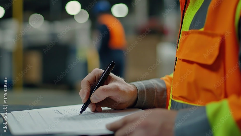 © andyaziz6 - Worker Fills Out Form Carefully in Warehouse Setting, Completing Important Task Efficiently © andyaziz6 - Worker Fills Out Form Carefully in Warehouse Setting, Completing Important Task Efficiently