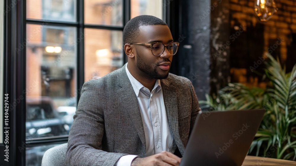 African male adult focused on work in modern office setting African male adult focused on work in modern office setting