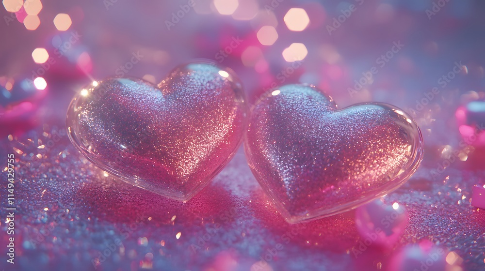 Two Glittering Hearts Resting on Pink Glitter Two Glittering Hearts Resting on Pink Glitter