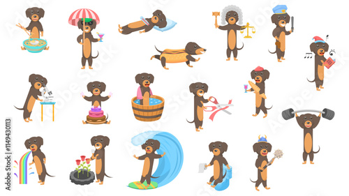 Big Set Abstract Collection Flat Cartoon Different Animal Dachshunds Dogs Vector Design Style Elements Fauna Wildlife