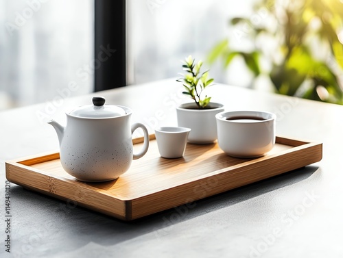 Neutraltoned ceramic tea set on a simple wooden tray, minimalist lifestyle photo