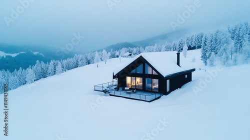 Rustic wooden cabin in a snowcovered forest, cozy winter retreat