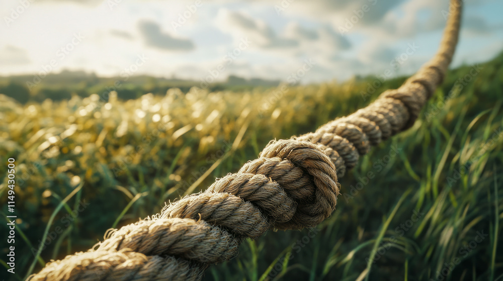 Fototapeta premium Close-up of thick rope against a scenic green field and cloudy sky
