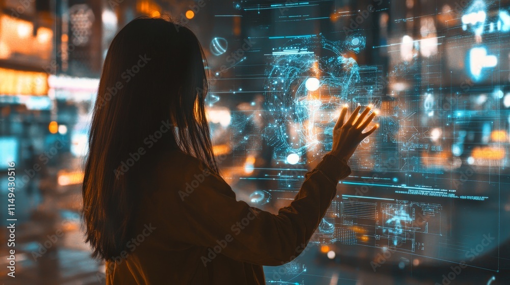 Asian female engaging with futuristic digital interface in urban nightscape Asian female engaging with futuristic digital interface in urban nightscape