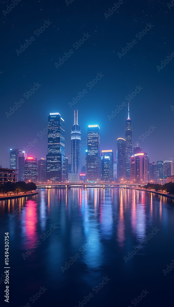 Fototapeta premium Bright city skyline at night with illuminated skyscrapers reflecting on a calm river, under a star-filled sky, creating a modern and vibrant HD phone wallpaper 
