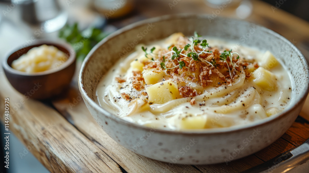Creamy pasta with cheese and seasoned breadcrumbs in ceramic bowl Creamy pasta with cheese and seasoned breadcrumbs in ceramic bowl