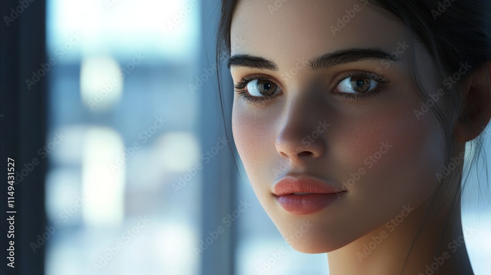 Caucasian female young adult with long hair in soft lighting