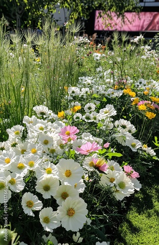 Vibrant Summer Garden Cosmos Flowers Blooming in Sunlight