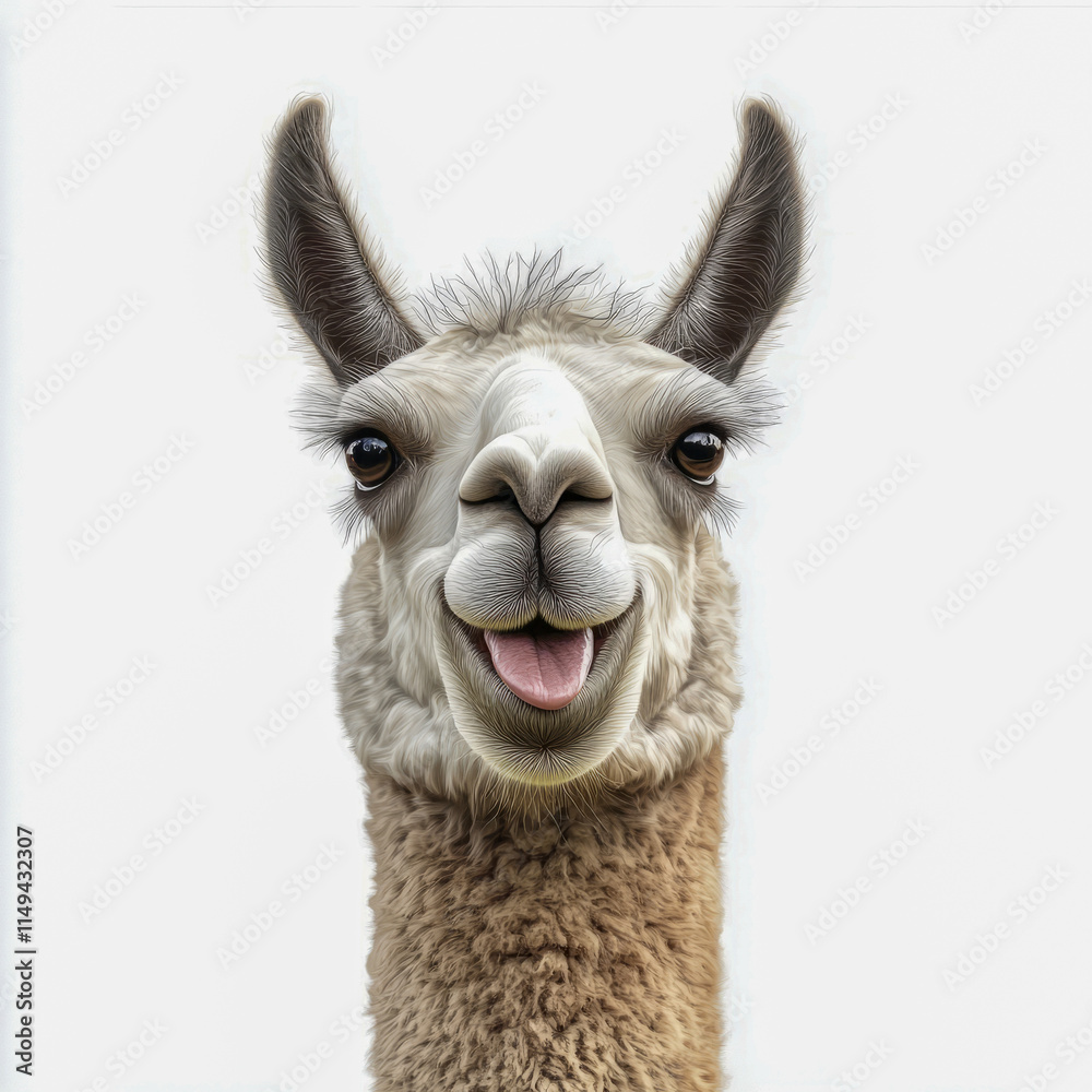 Obraz premium Cheerful llama with tongue out on white background