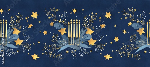 AI-Generated Menorah Hanukkah Seamless Pattern- Gold Candles, Stars, Floral Design photo