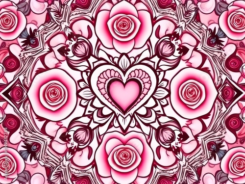 Symmetrical floral mandala with roses and hearts, romantic and elegant design, backgrounds, valenntine's themed photo